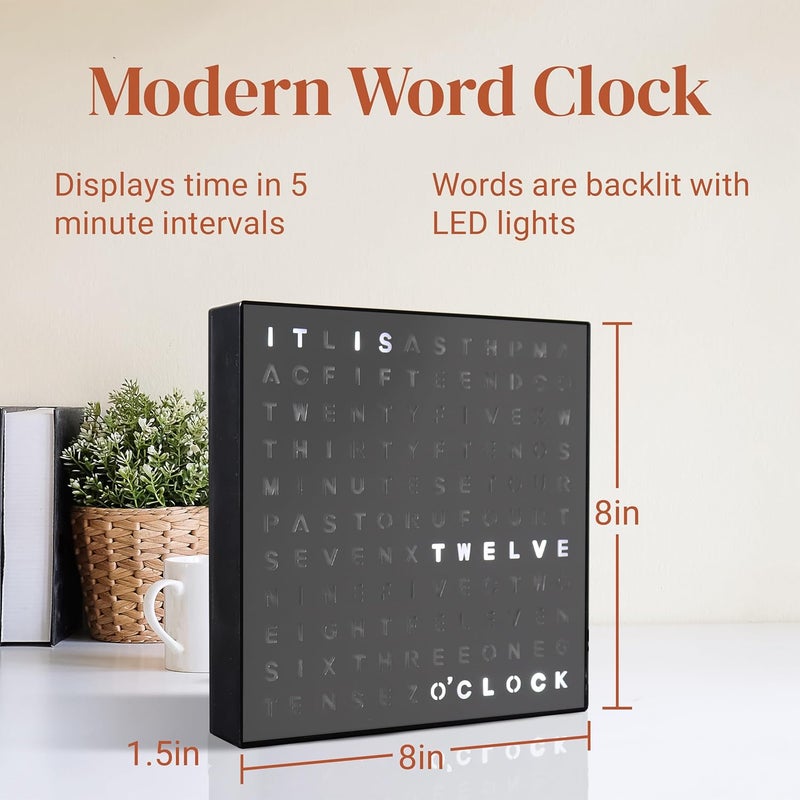 Stiles Word Clock, 8" by 8" Modern LED Desk Clock with USB Cable, Aluminum, Unique with Words, Contemporary, Living Room, Bedroom, Home, or Office Lightup Decor, Gift Item, Gray - Image 3